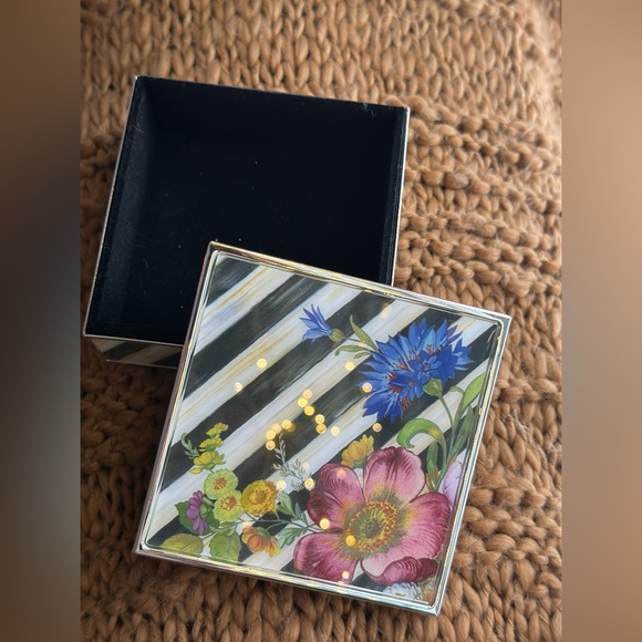 MacKenzie-Childs trinket box 3.5 x 3.5 floral striped velvet lined glass - Picture 3 of 9